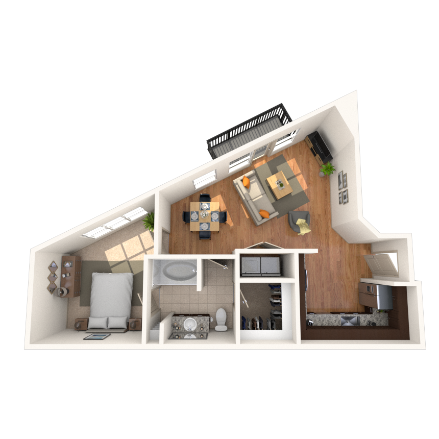 Floor plan for 1 bed, 1 bath, 755 sqft